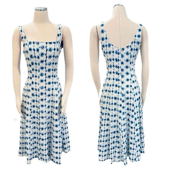 Christian Lacroix Geometric Linen Blend Square Neck Fit and Flare Midi Dress NEW - Picture 2 of 8